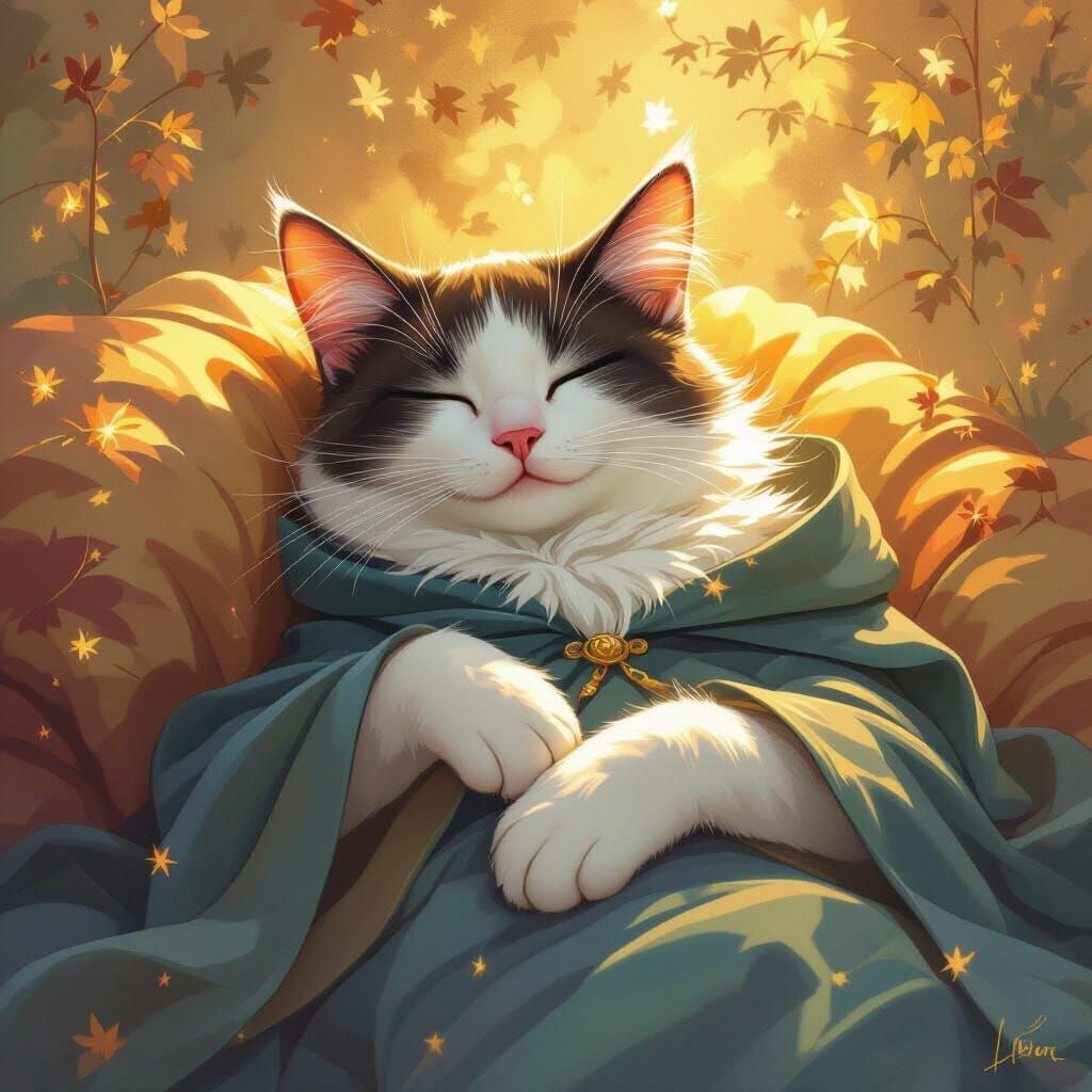 Serene Cat Mage Sleeping in Golden Light