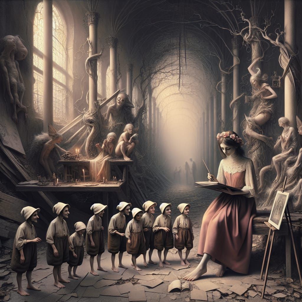Surreal Fairy Tale Art: Woman and Seven Companions