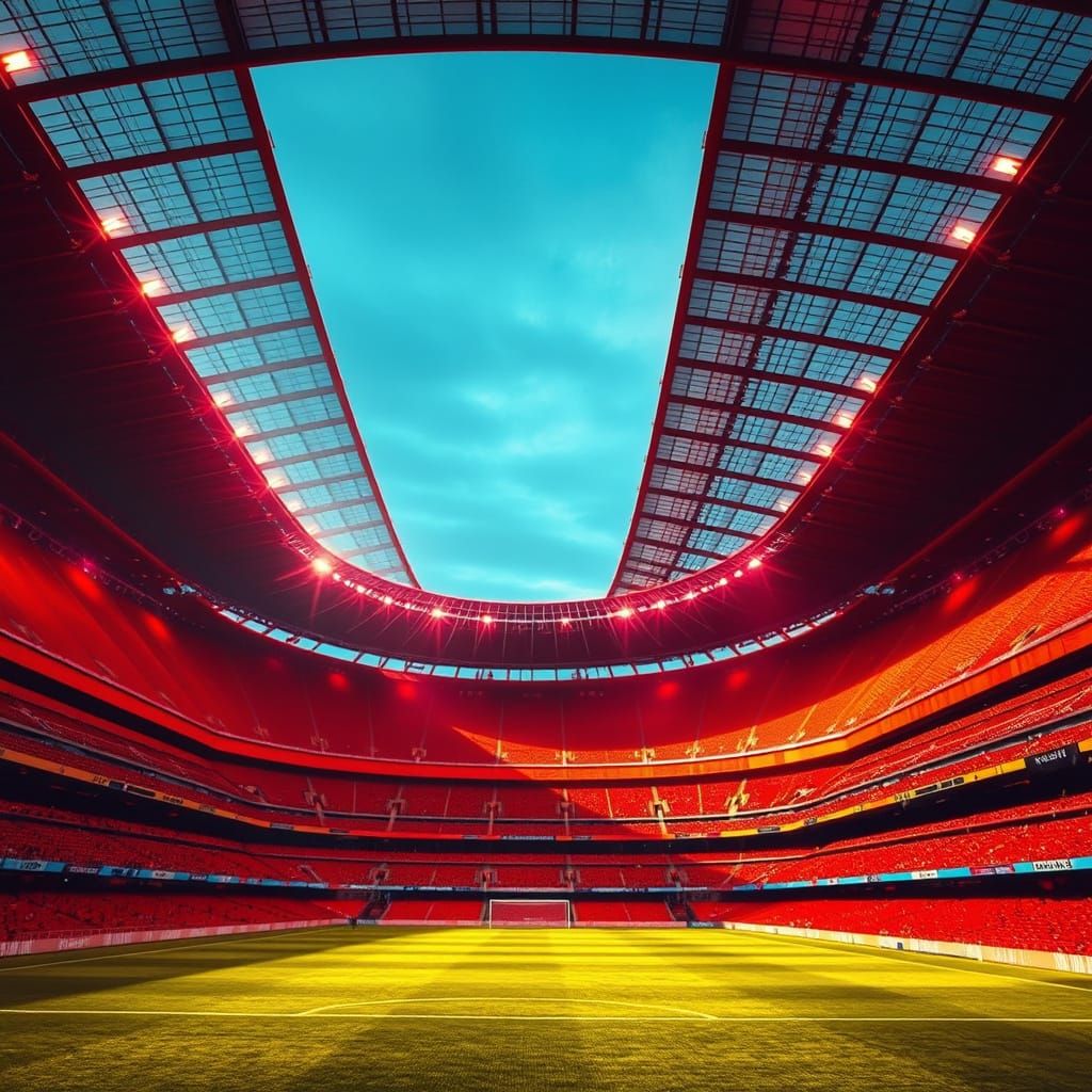 Vibrant Stadium Interior with Red and Yellow Balconies and F...