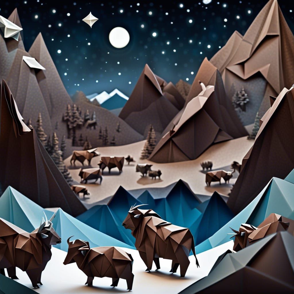 Origami - Prehistoric Aurochs Herd Crossing a Glacier