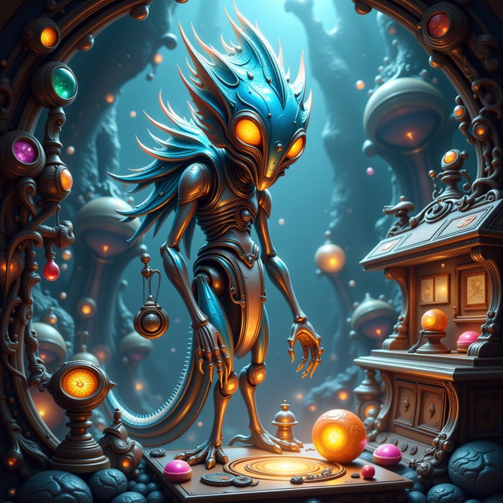 Alien Merchant Showcases Clockwork Gadgets in Nebula Market