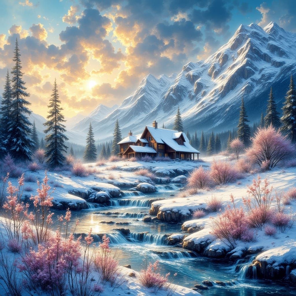 Snowy Landscape Painting With Wildflowers and Cedar House