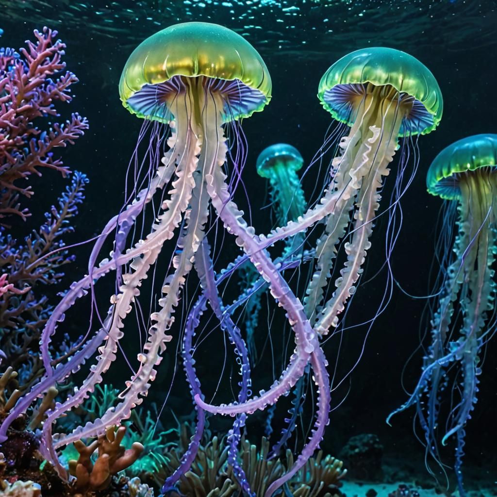 Bioluminescent Jellyfish Floating Above Coral Reef