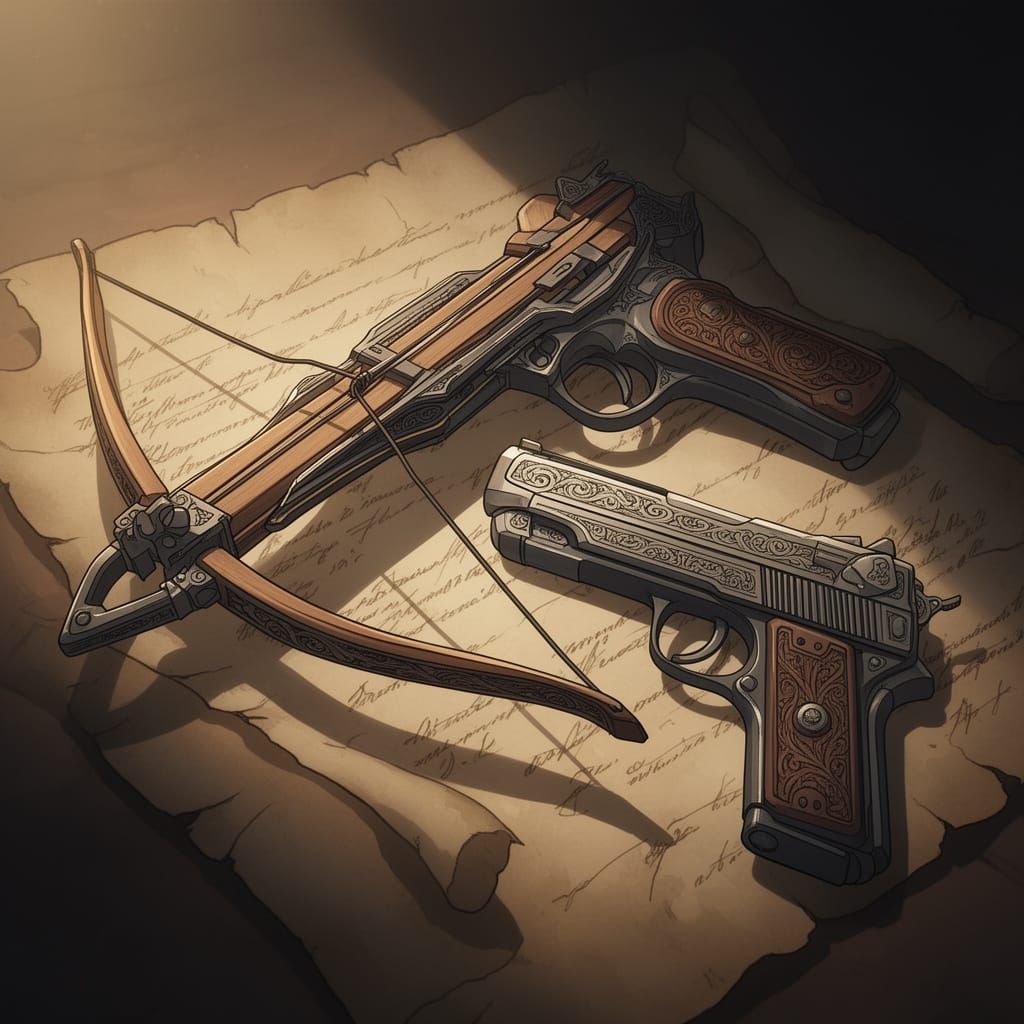 Anime Style Crossbow and Pistol on Ancient Scroll