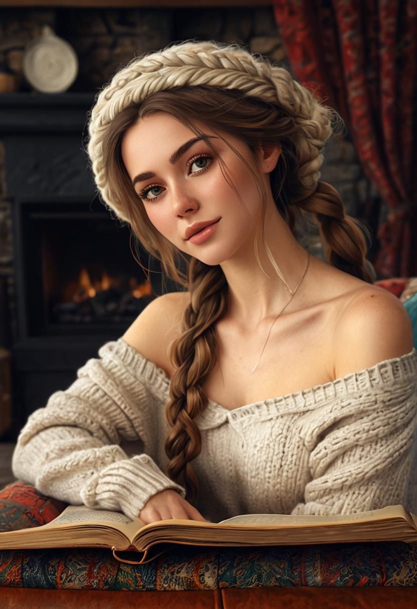 Young Woman Reading in Cozy Cottage: Digital Art