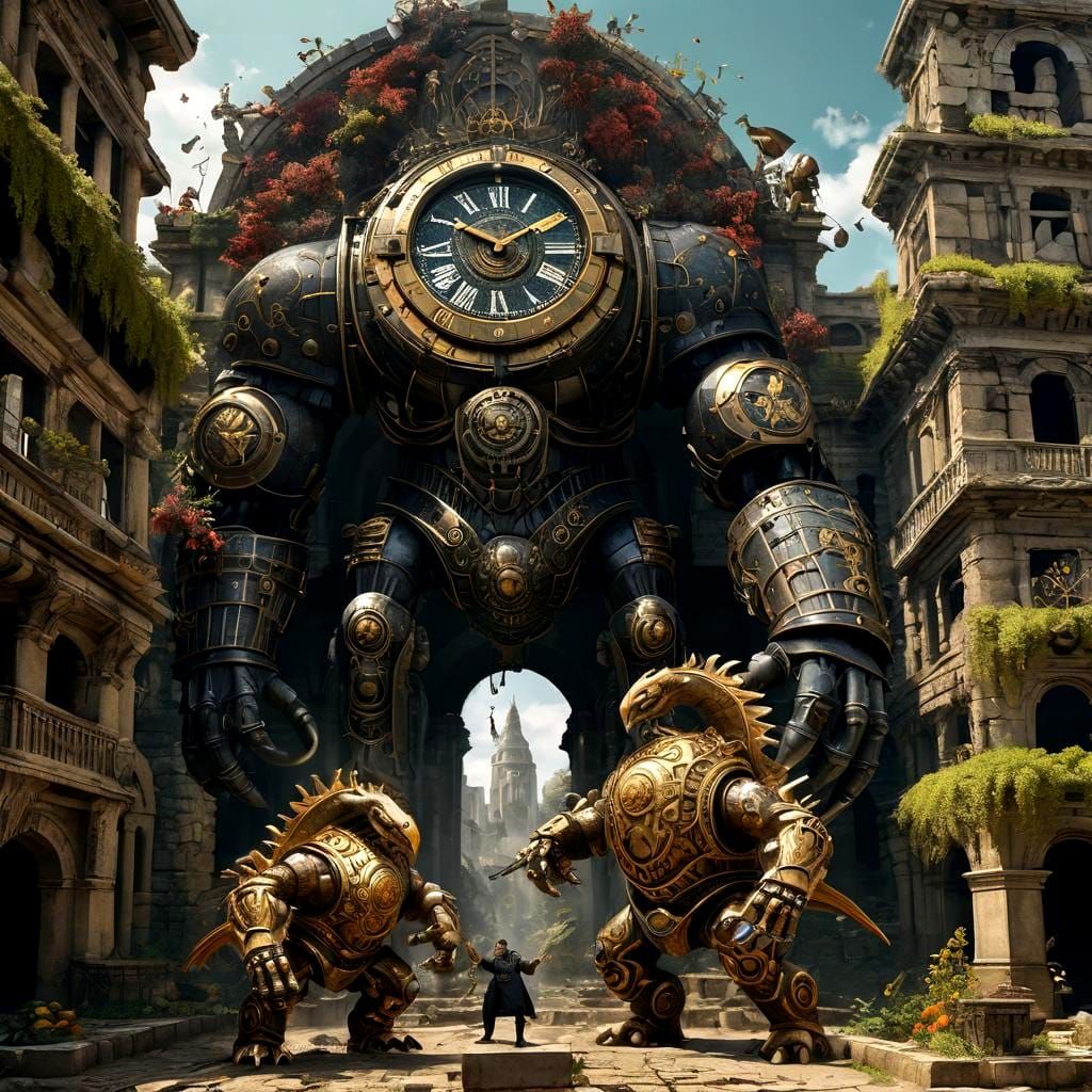 Clockwork Golems Clash in Ruined City