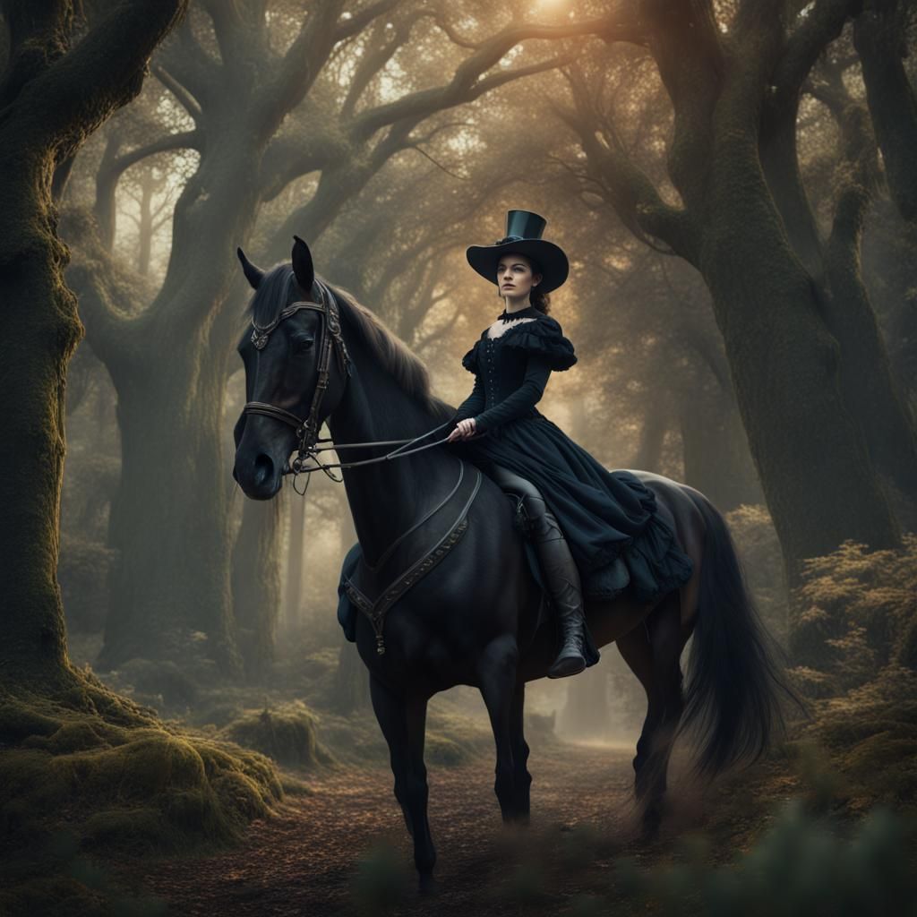 Victorian Woman Rides Black Horse: Fantasy Art