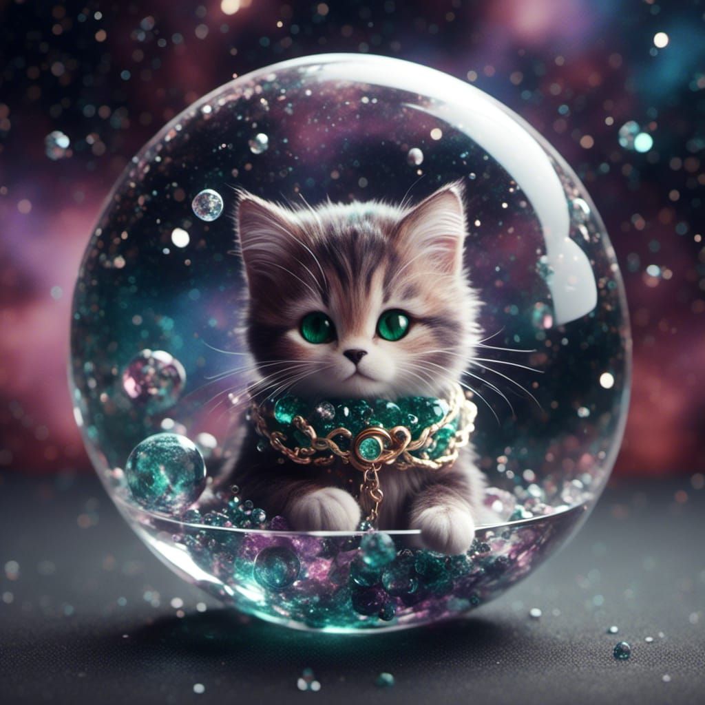 Galactic Cat in Crystal Ball with Emerald Necklace