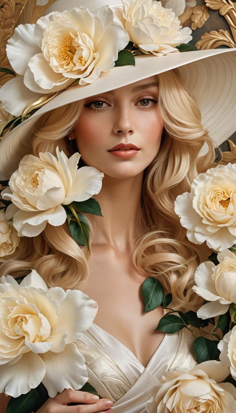 Art Deco Lady with Roses and Peonies