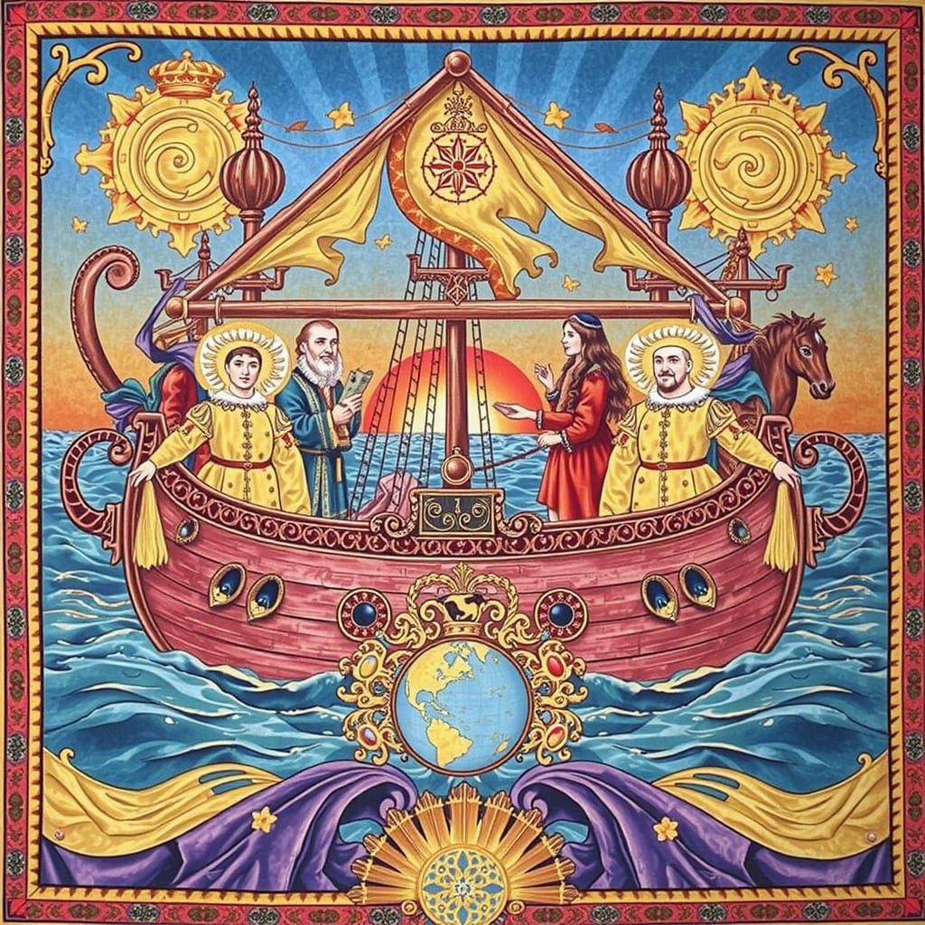 Medieval Ship at Sunset with Eccentric Travelers