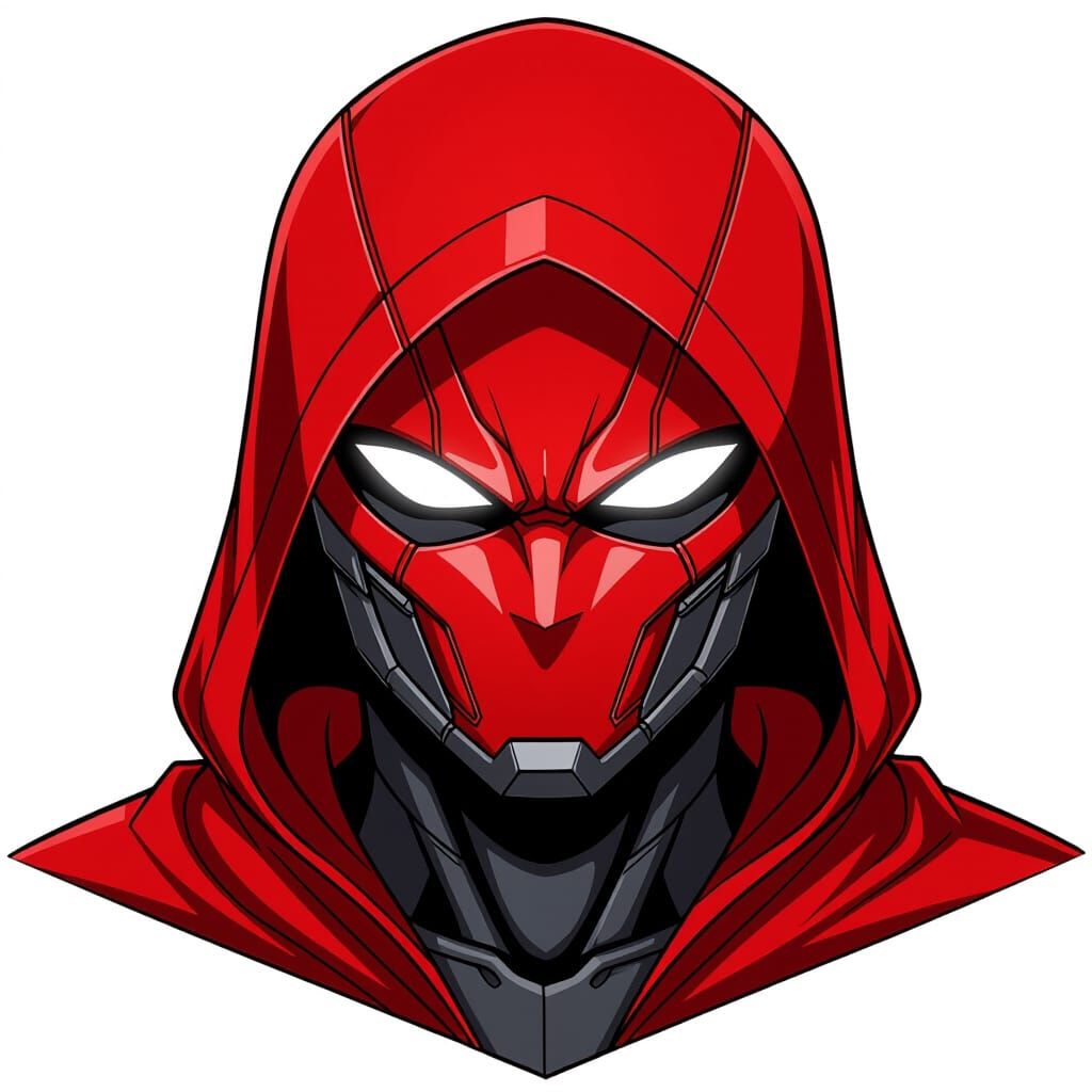 Red Hood Helmet with Glowing White Eyes in Anime Style