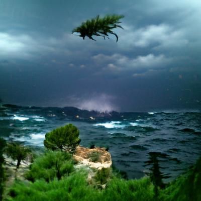 Dramatic Stormy Sea with Lightning and Pine Trees
