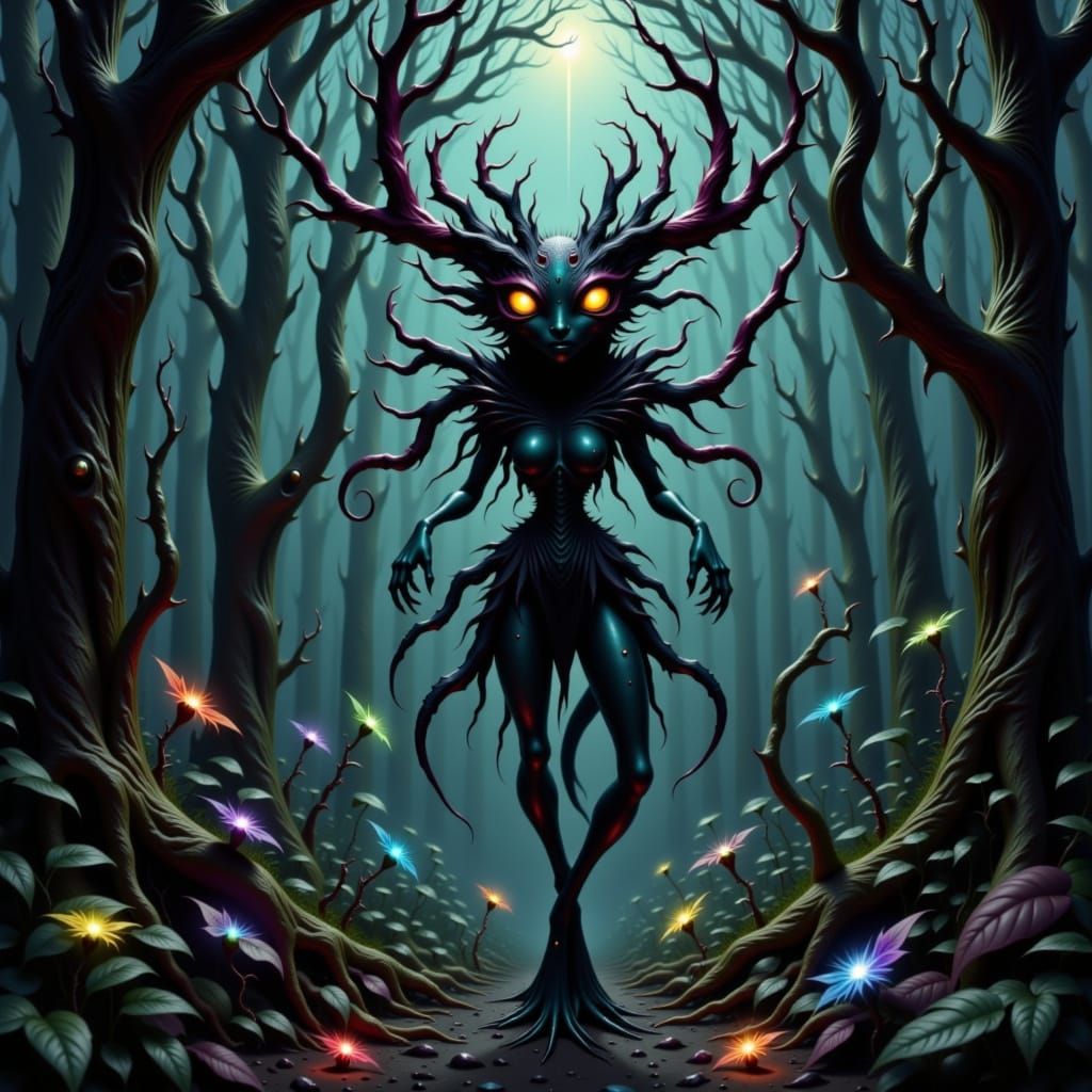 Mysterious Fae in Dark Forest with Aether Elements