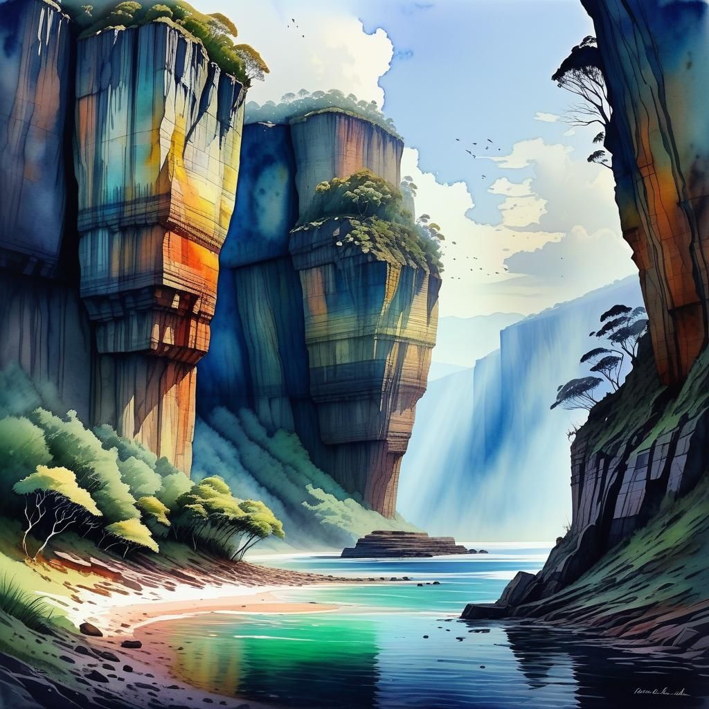 Watercolor Cliffs of a Lost World Landscape