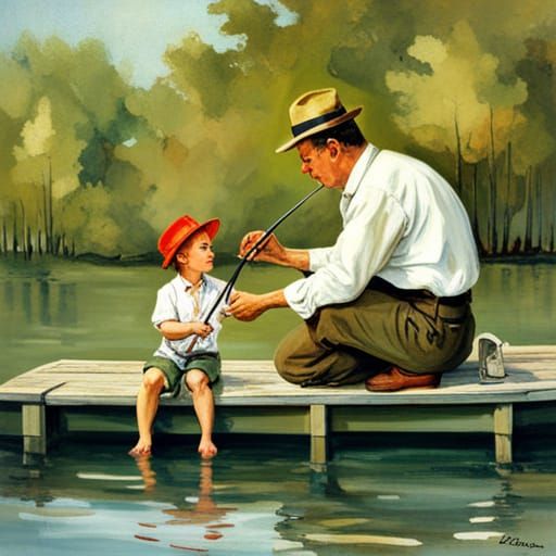 Father and Son Fishing in Americana Style