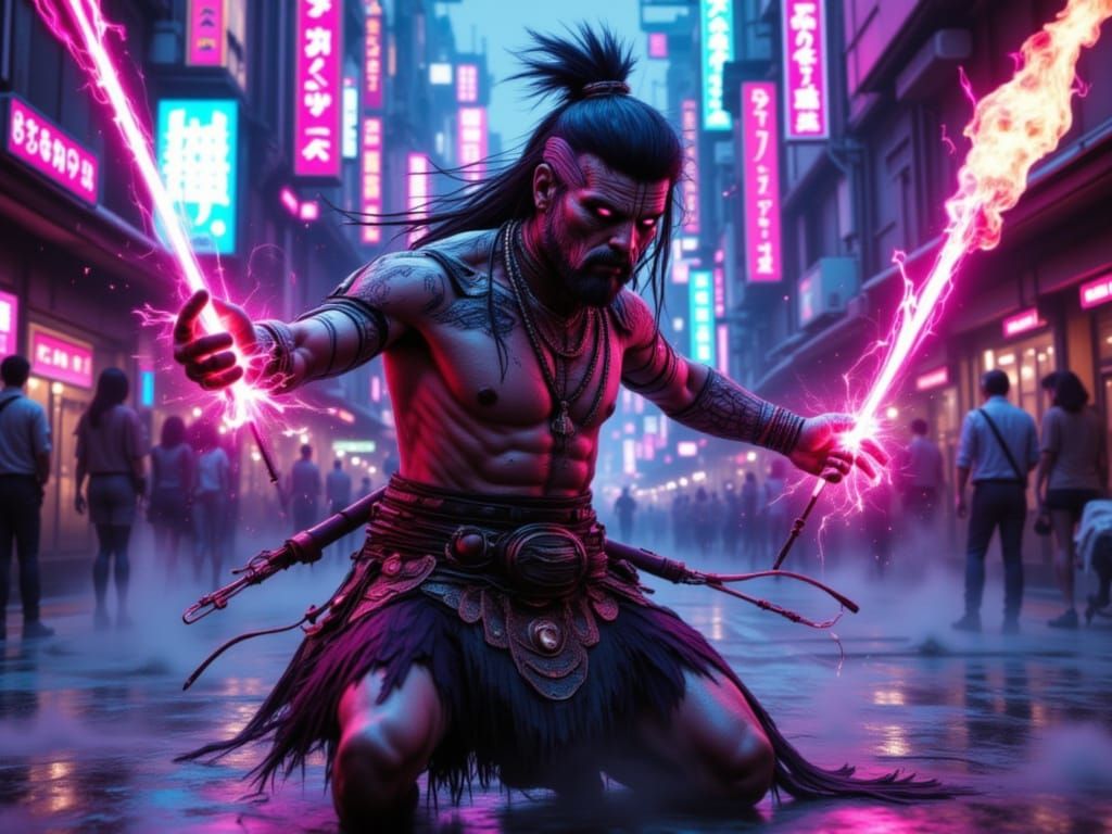 Cyber Neon Haka Dance in Digital Art Style