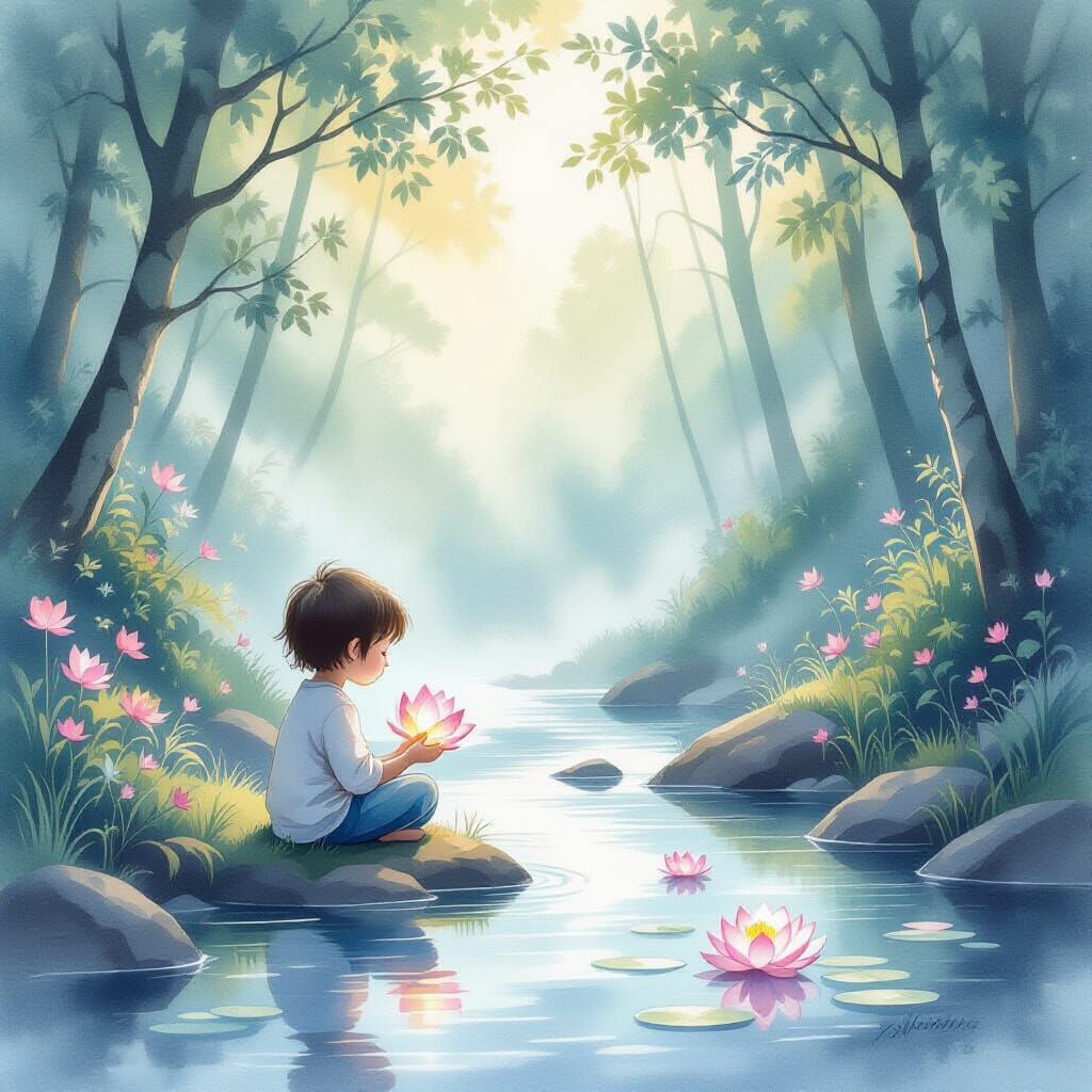 Enchanted Child with Lotus Flower Watercolor