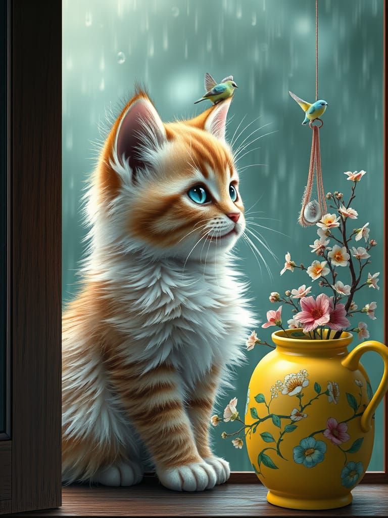 Anime Kitten Watching Rain Through Window