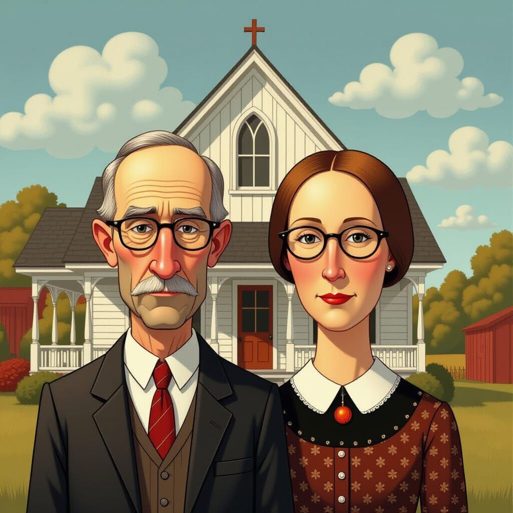 American Gothic Caricature in Don Martin Cartoon Style