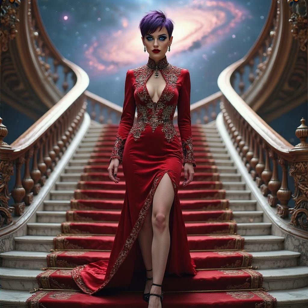 Cosmic Descent: Woman on Infinite Staircase