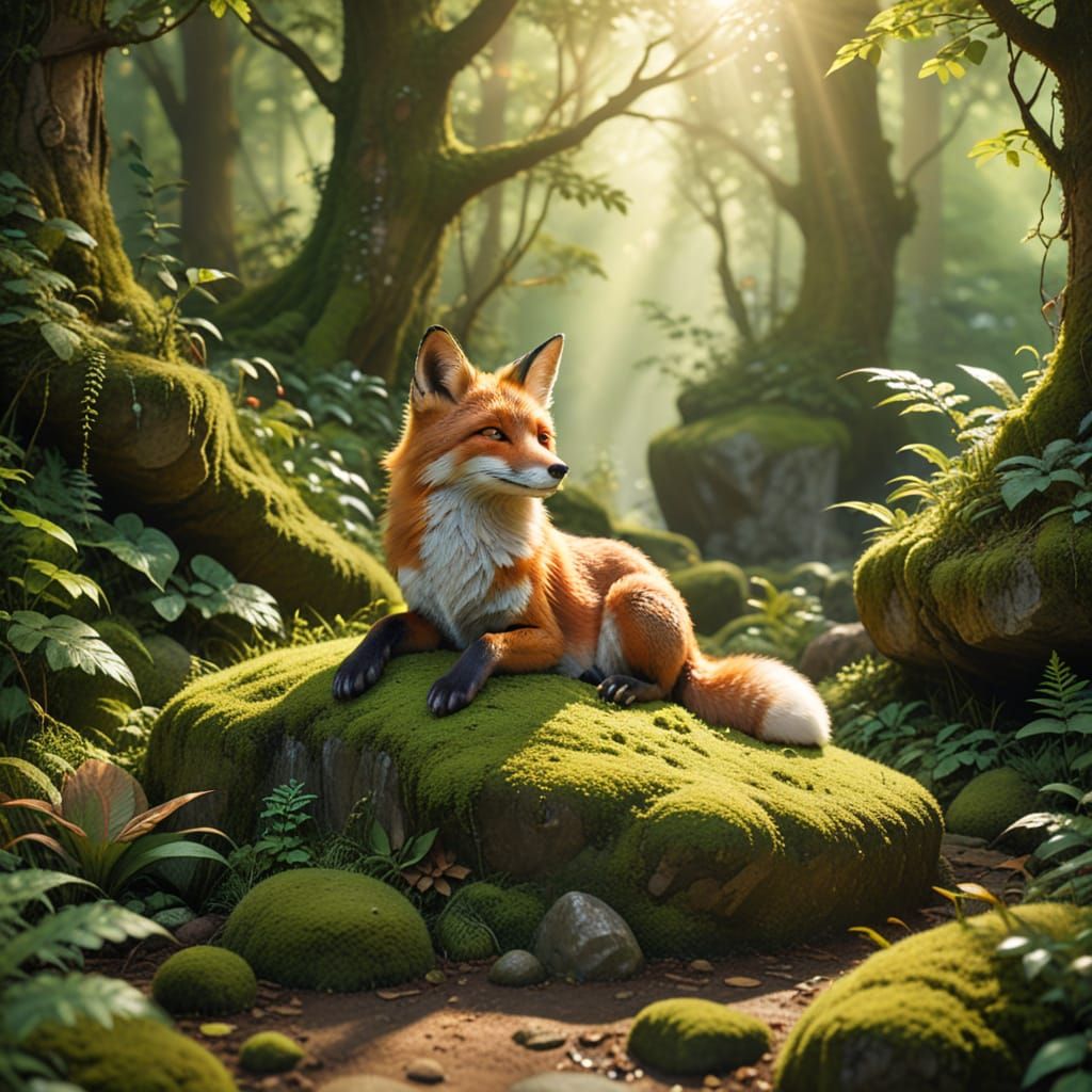 A peaceful fox lounging on a mossy stone in a lush enchanted...