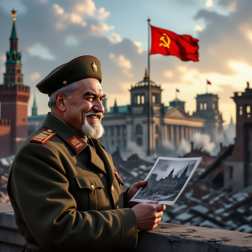 Stalin's Grim Satisfaction: Soviet Flag Over Reichstag