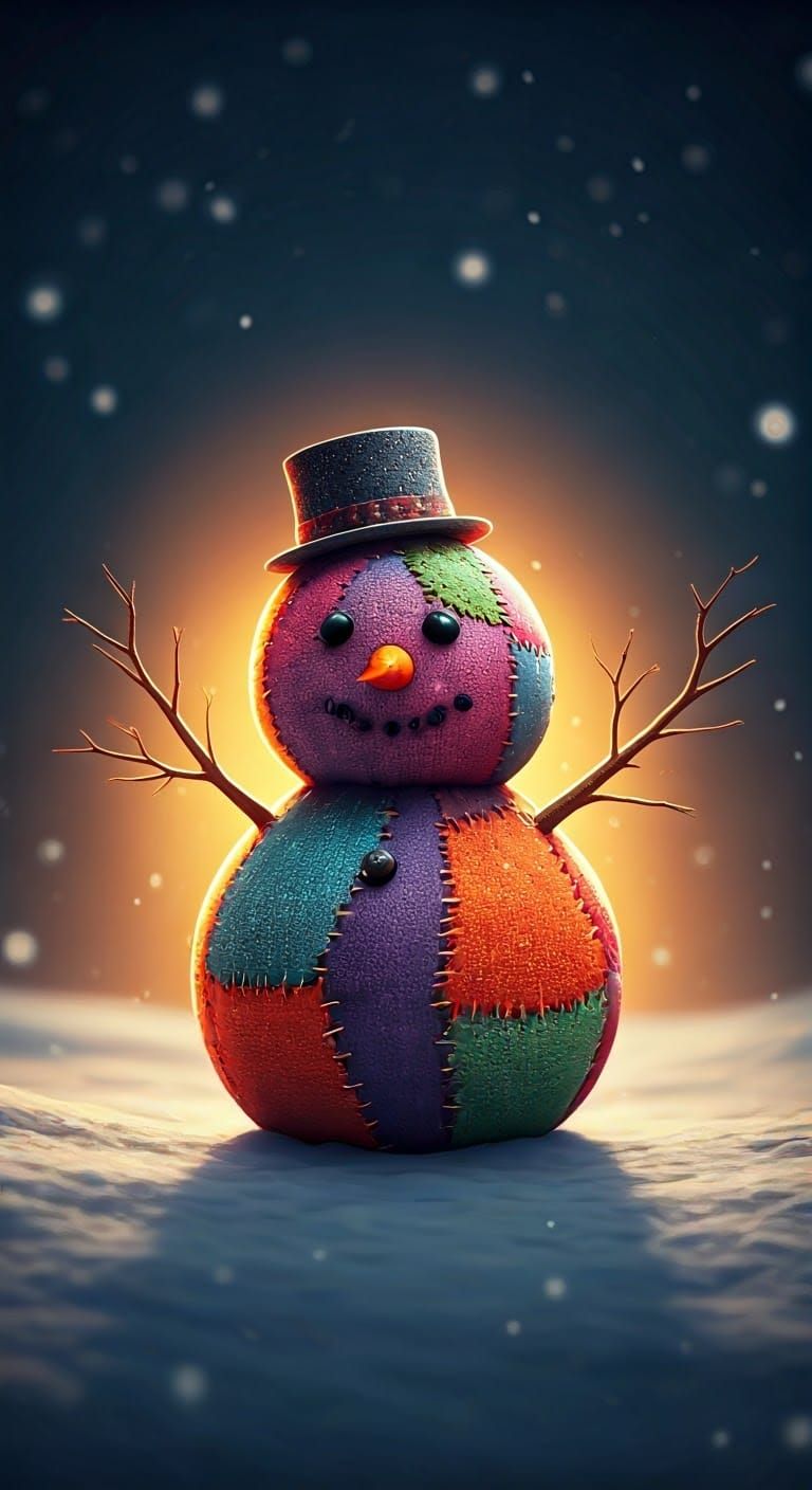 Vibrant Patchwork Snowman Illuminated by Sunset