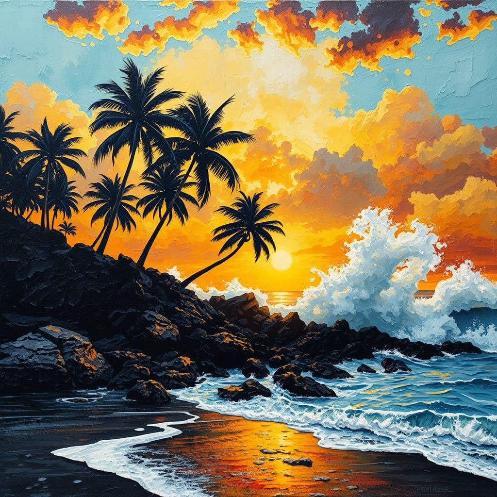 Golden Hour Tropical Paradise in Impasto Style