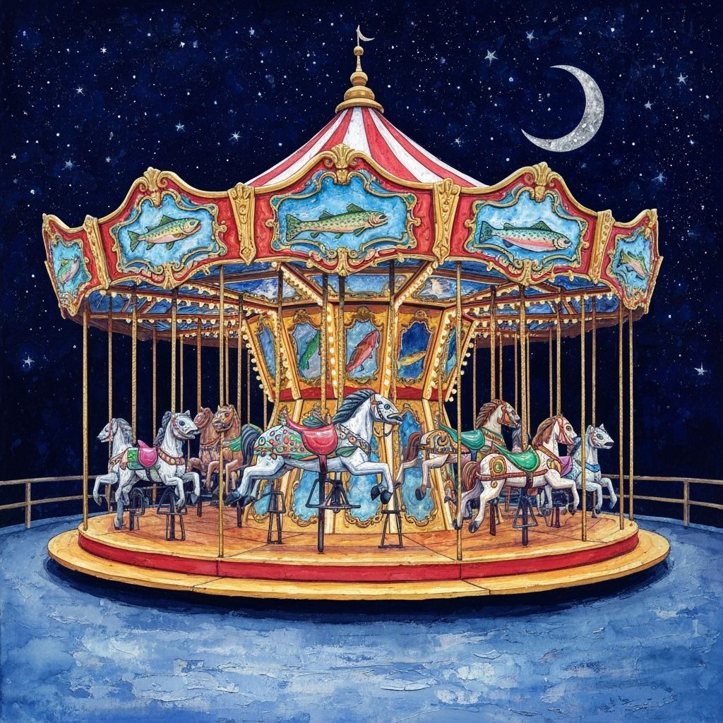 Whimsical Trout Carousel at Night in Gouache Style