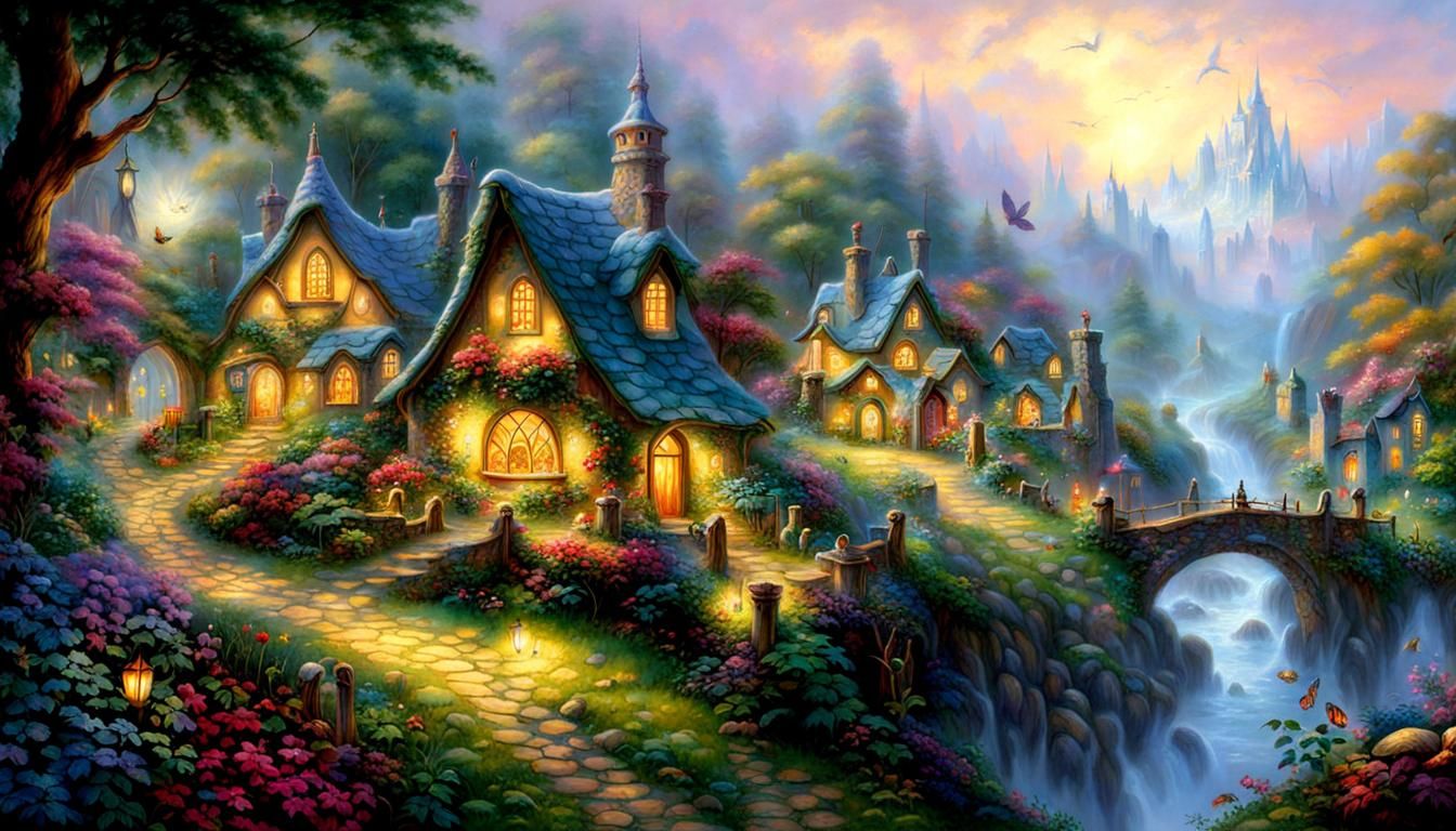 Ethereal Fairy Village in a Thomas Kinkade Style