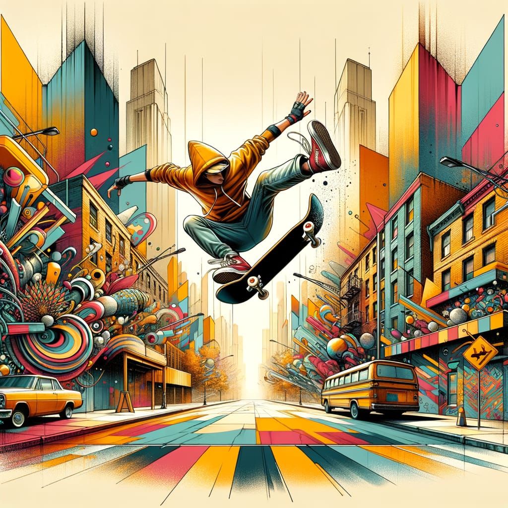 Skateboarder Kickflip in 90s Expressionistic Style