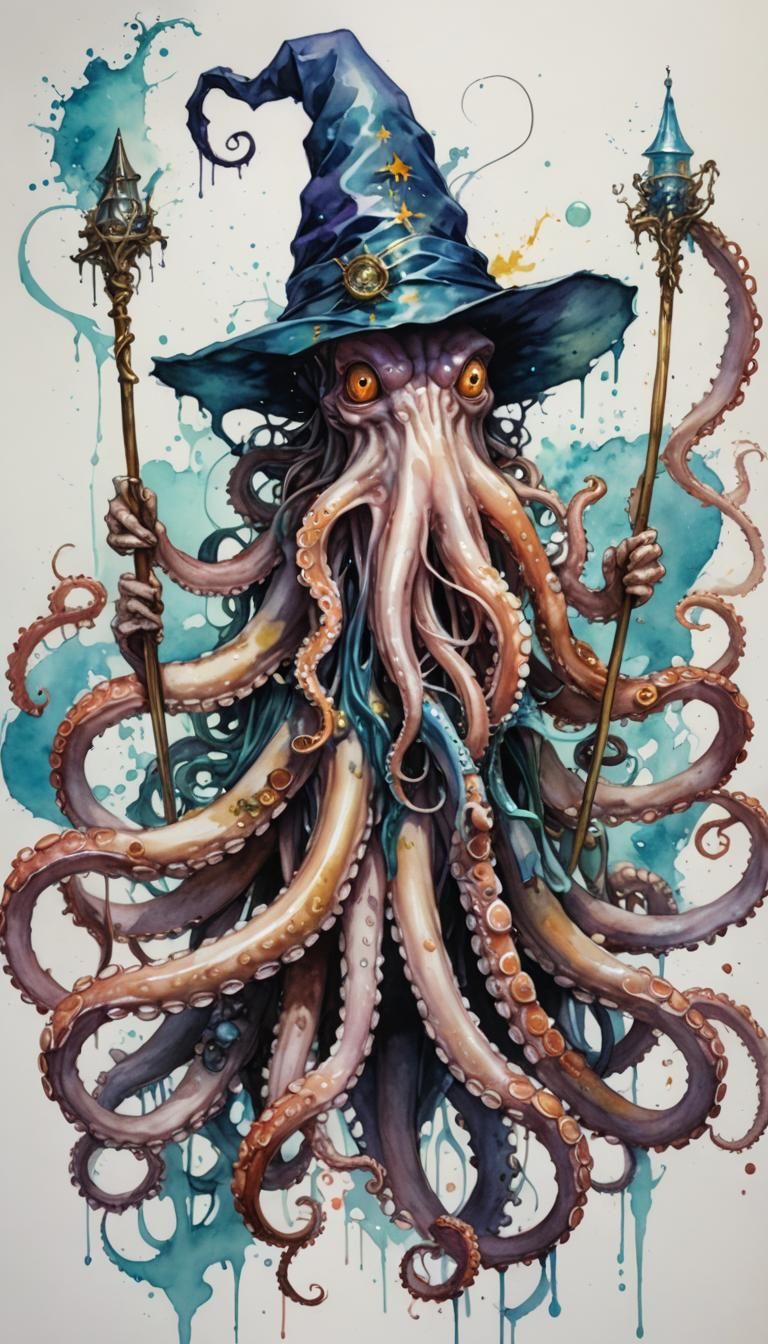 Octopus Wizard in Watercolor Manga Style