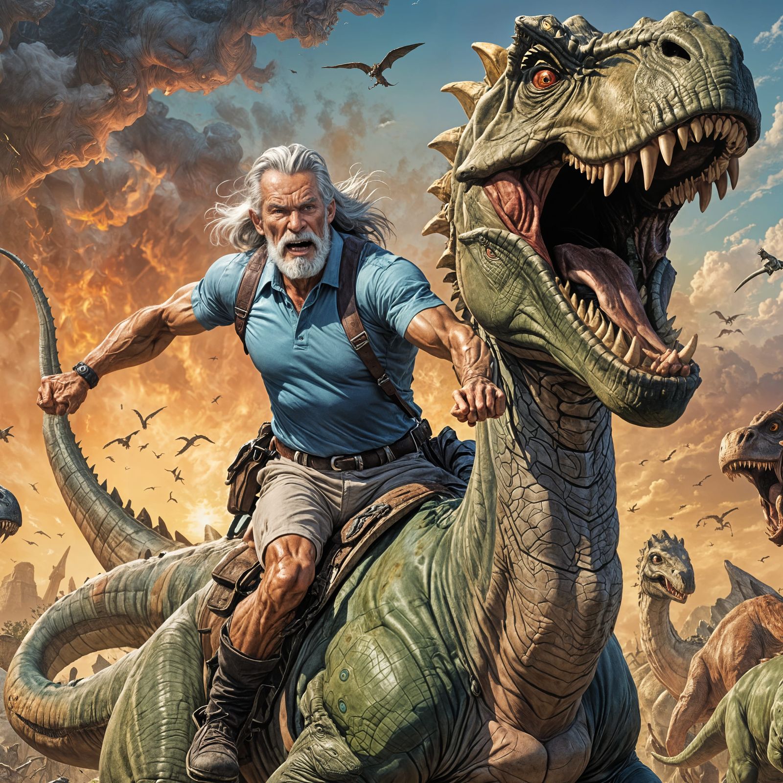 Italian Senior Rides Dinosaur into Battle: Comic Book Art