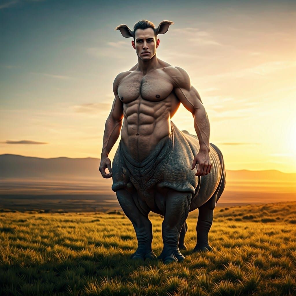 Fantasy Rhinoceros Centaur in HDR Sunset Landscape