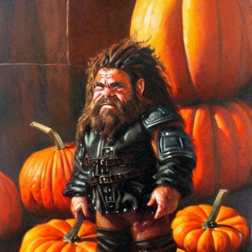 Muscular Dwarf Barbarian Surrounded by Pumpkins as Oil Paint...