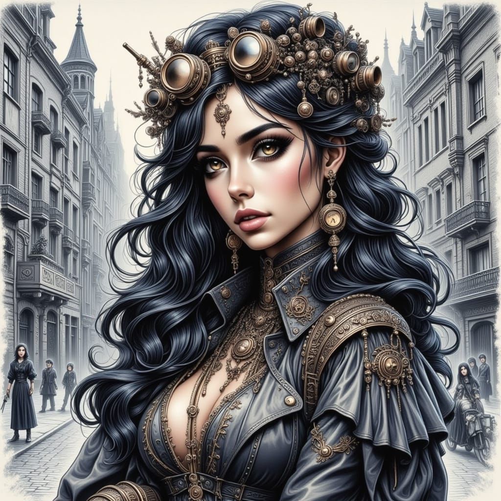 Steampunk Mulan Collage in Watercolor Style