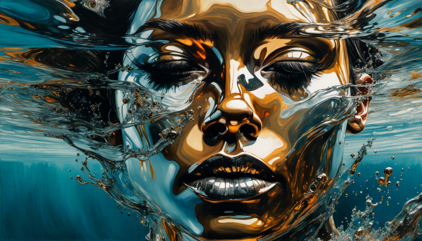 Face in Water Digital Art with Metal Reflections