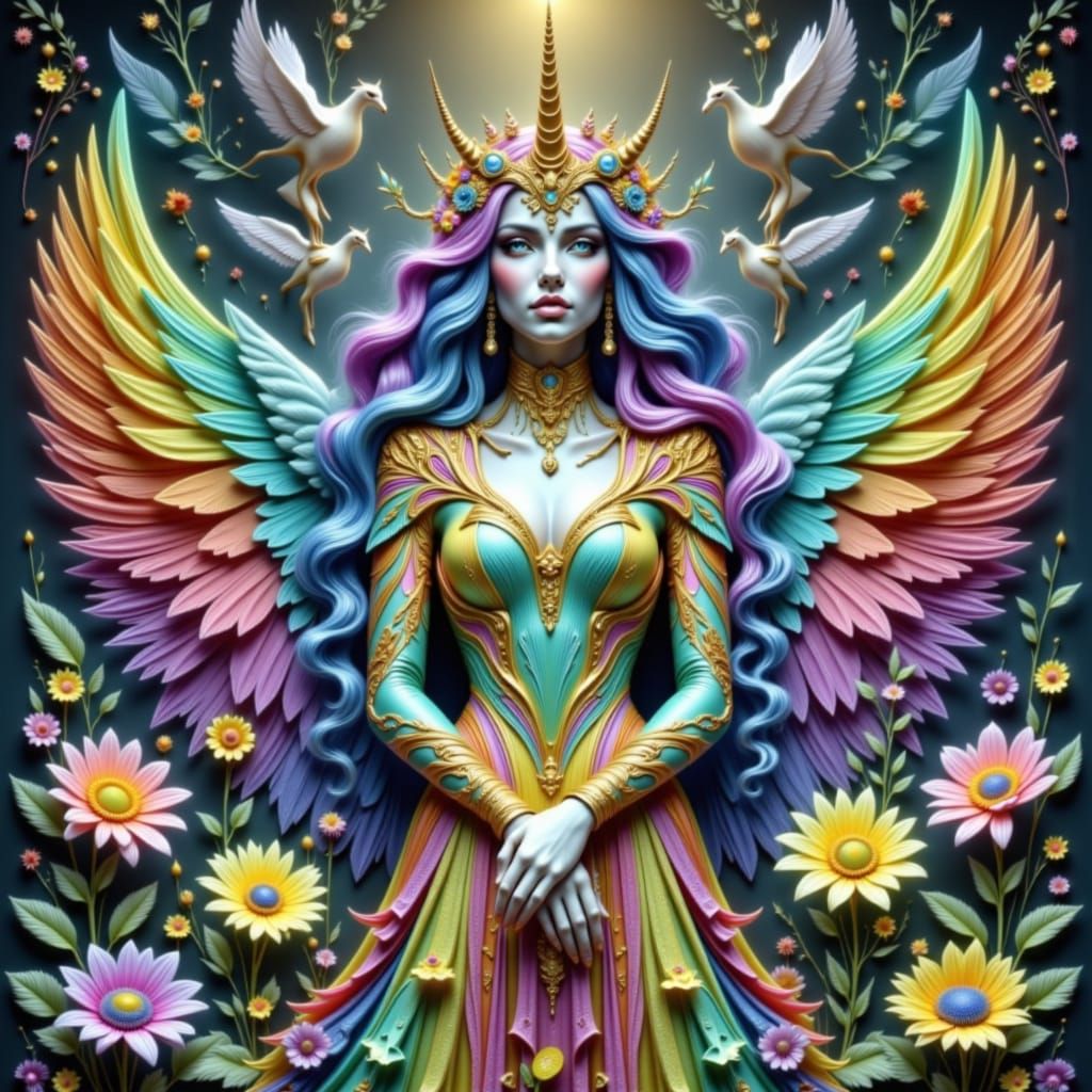 Ángel Unicorn with Rainbow Colors and Mirrors