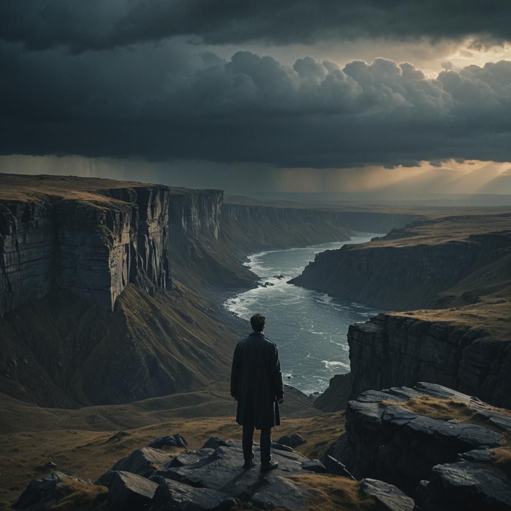 Lone Figure Overlooking Stormy Landscape in Film Noir Style