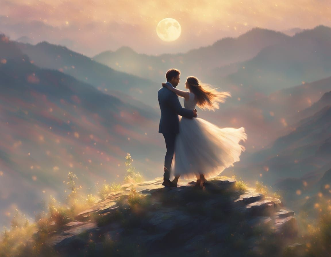Lovers Dancing in Moonlit Mist as Impressionist Painting
