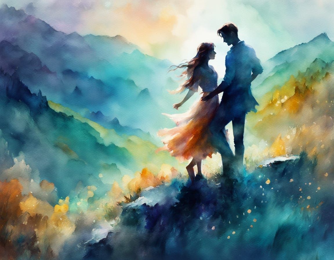 Lovers Dancing on Cliff in Impressionistic Style