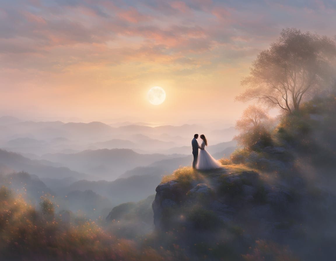 Lovers Dancing on Cliff in Impressionist Style