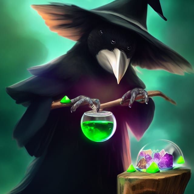 Cute Kenku Witch with Crystal Potions, Art Nouveau