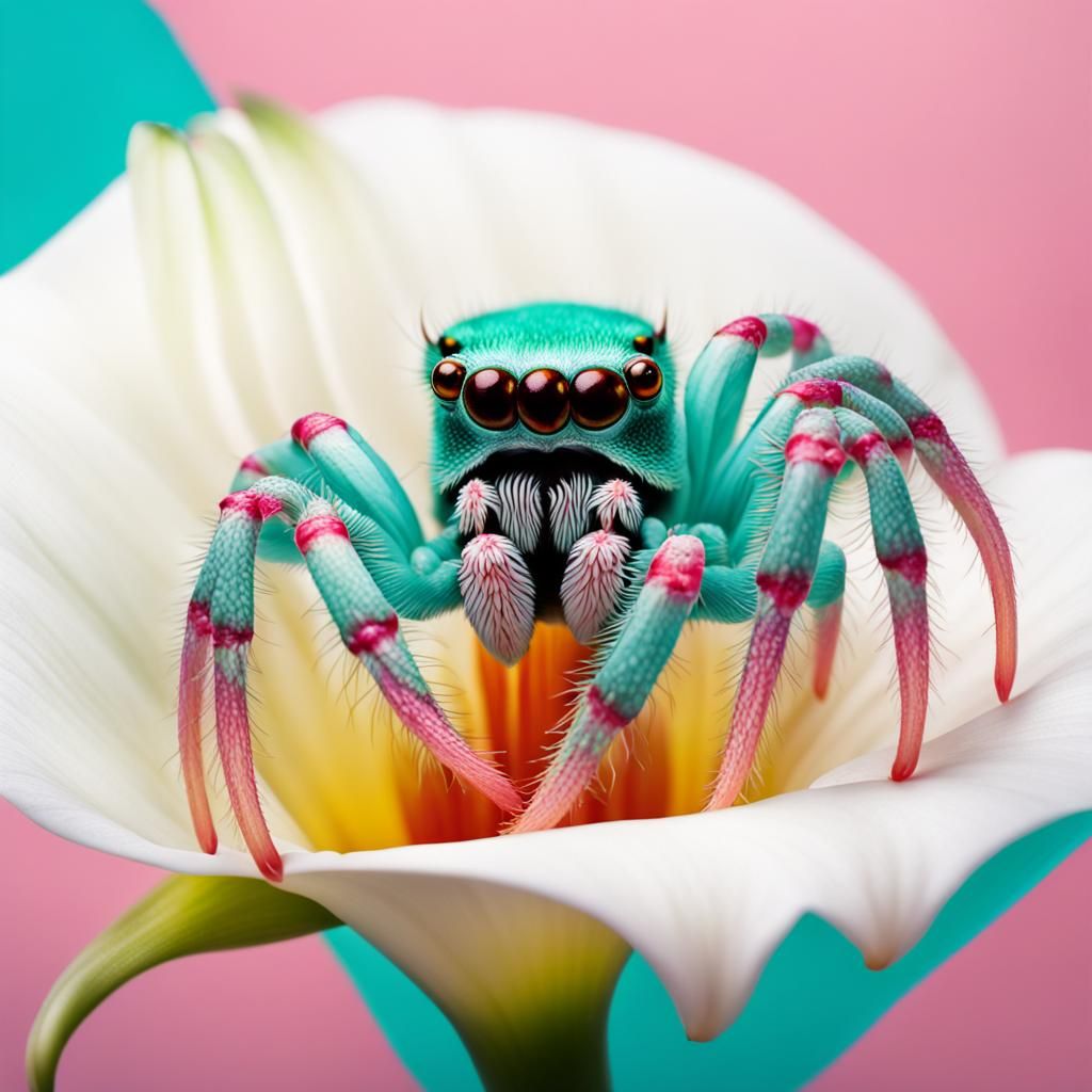 Aqua and Pink Spider on White Lily