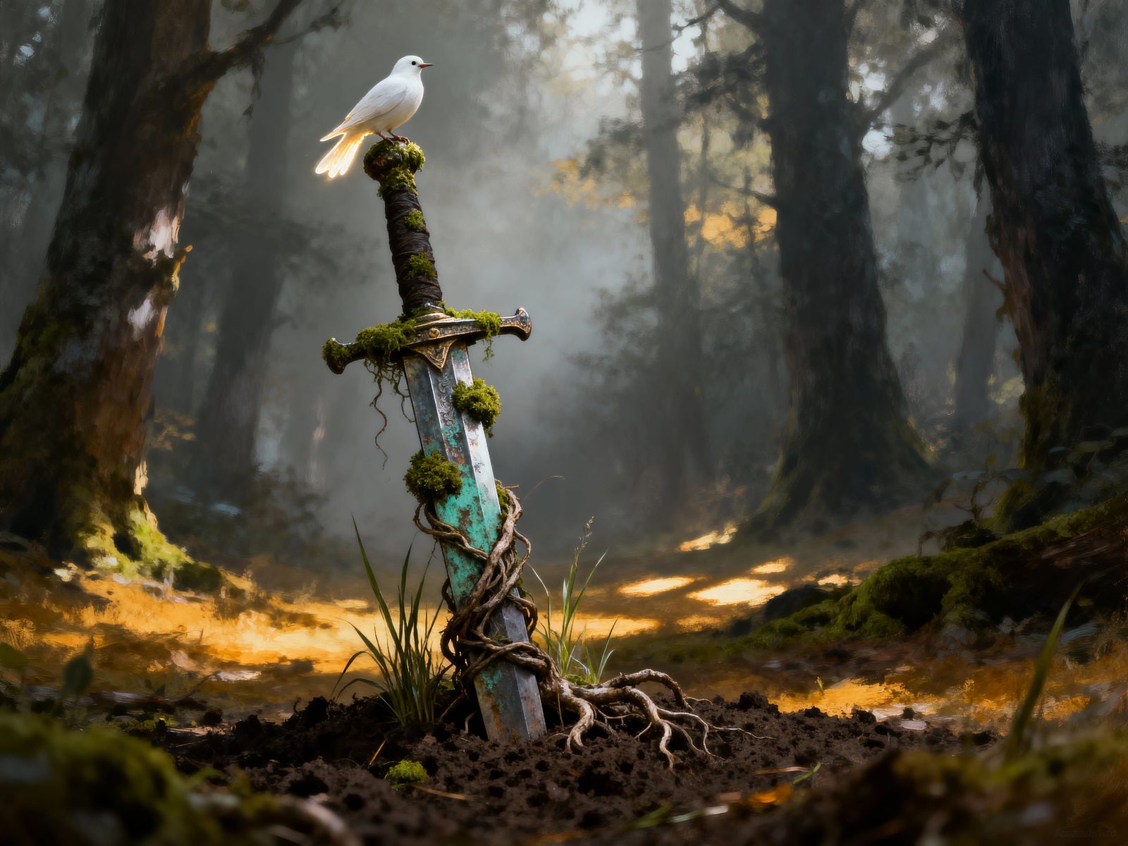 Ancient Sword in Forest Clearing Symbolizes Peace
