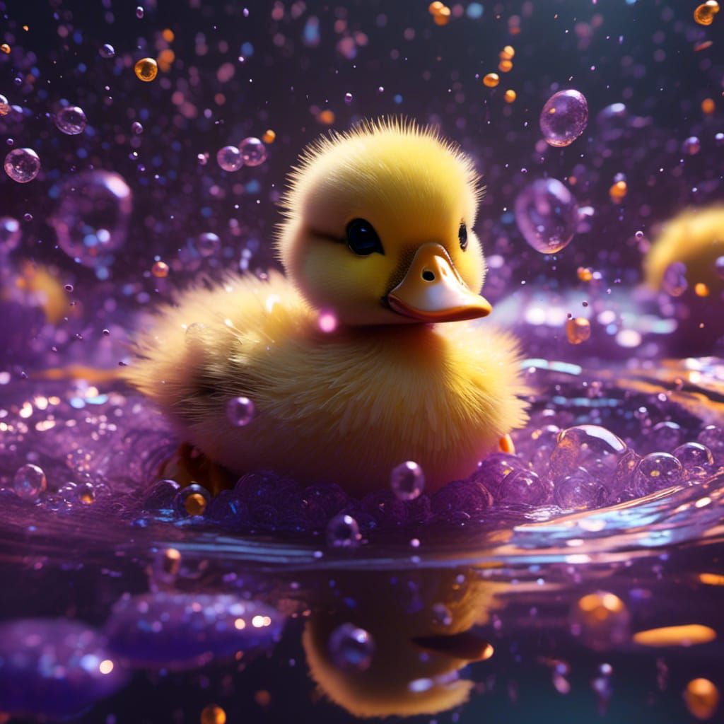 Cute Duckling in Pond, Dark Fantasy Art
