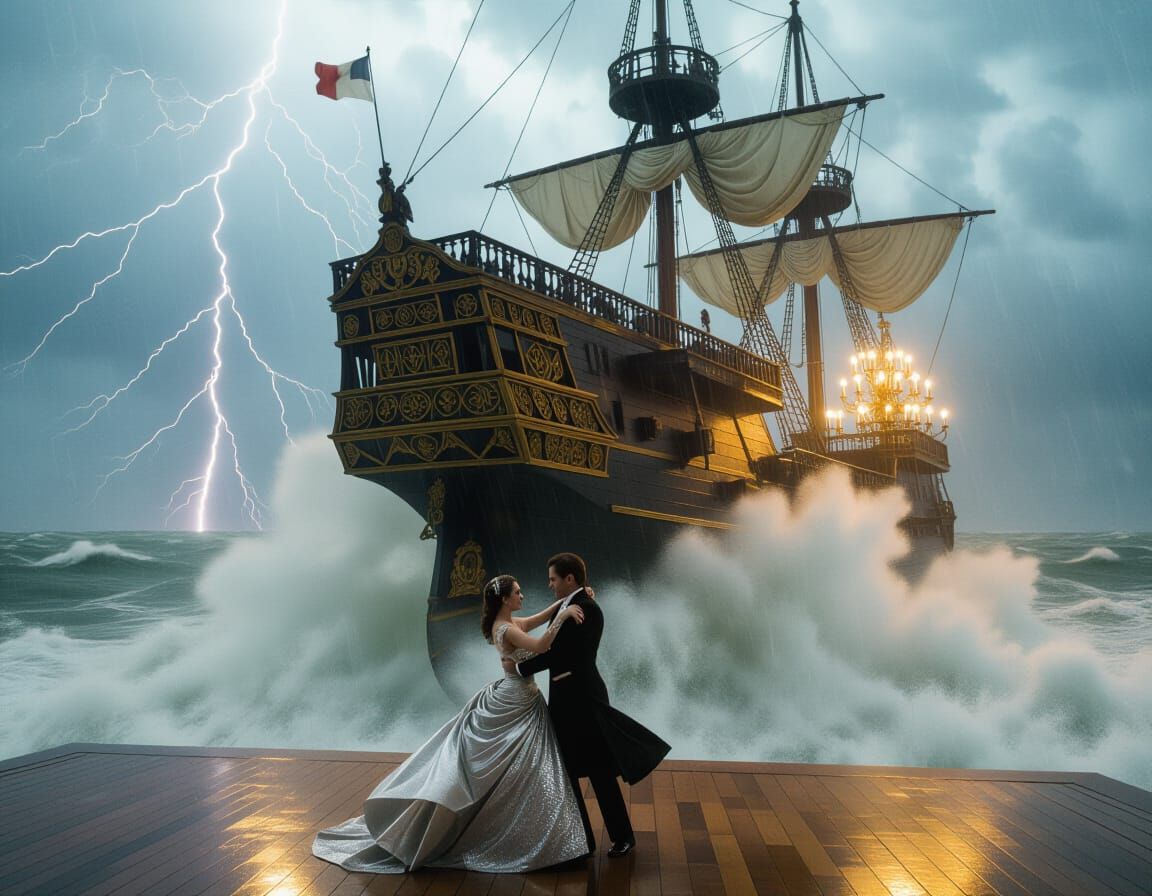 Ornate Ship Ballroom Amidst Storm, Cinematic Still