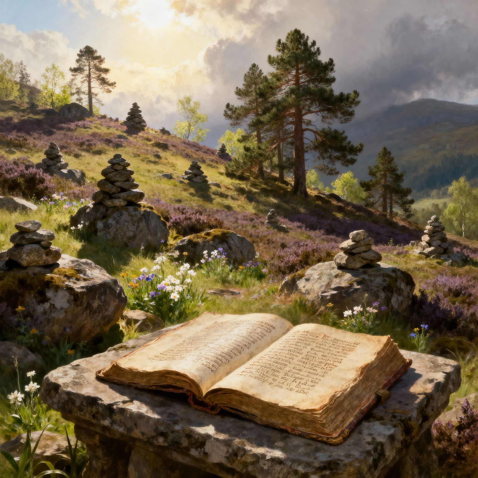 Romantic Landscape Painting of Heathered Hillside with Ancie...