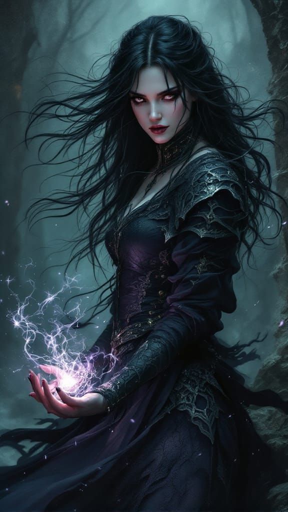 Dramatic Dark Fantasy Sorceress in Moody Scenes