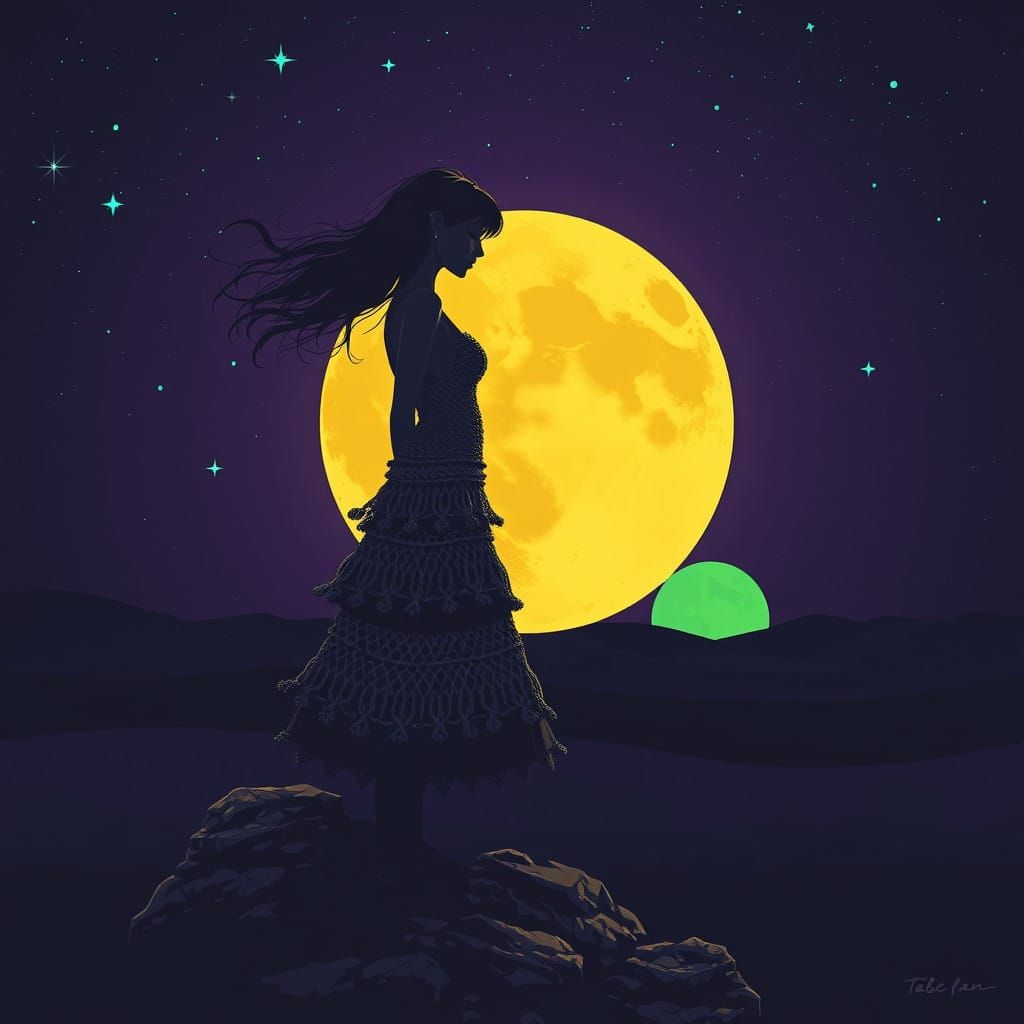A Beautiful Female Figure Rises with the Yellow Moon in a Cy...